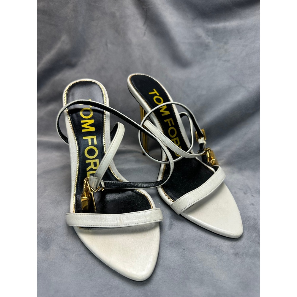 Tom Ford‎ Padlock Shiny Leather Pointy Sandals Size 36 Chalk White 105mm Heel